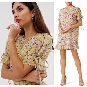 EAST ORDER Floral Chiffon Puff Short Sleeve Crew Neck Ruffle Shift Mini Dress M